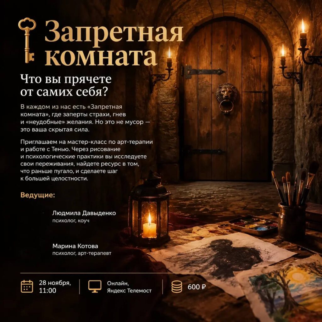 Мастер-класс по арт-терапии «Запретная комната»: афиша, 28 ноября 11:00, онлайн, 600 ₽. Ведущие Людмила Давыденко и Марина Котова
