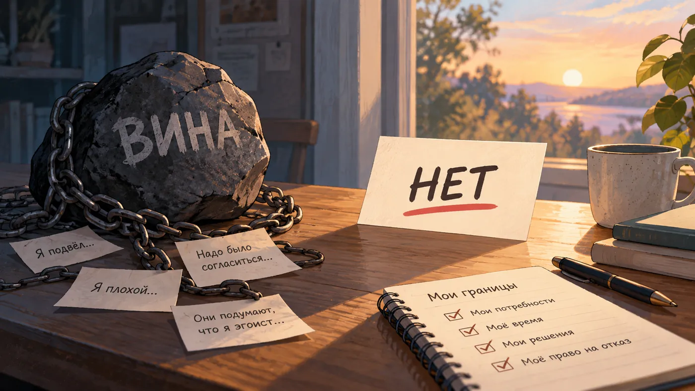 Чувство вины после отказа: камень с надписью «Вина» в цепях и карточка «Нет» на столе